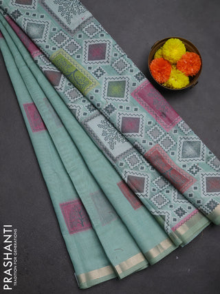 Jamdhani cotton saree teal green and pink with allover thread woven geomatric buttas and jamdhani pallu