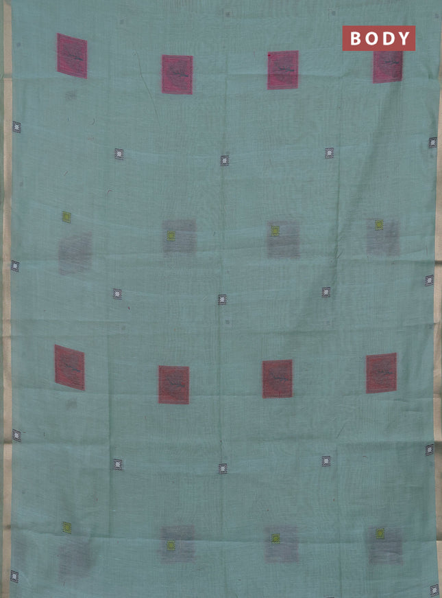 Jamdhani cotton saree teal green and pink with allover thread woven geomatric buttas and jamdhani pallu