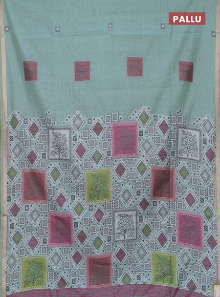 Jamdhani cotton saree teal green and pink with allover thread woven geomatric buttas and jamdhani pallu