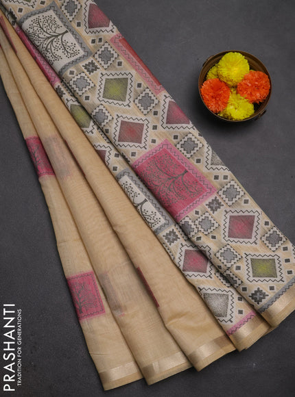 Jamdhani cotton saree beige and pink with allover thread woven geomatric buttas and jamdhani pallu