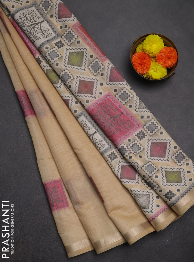 Jamdhani cotton saree beige and pink with allover thread woven geomatric buttas and jamdhani pallu