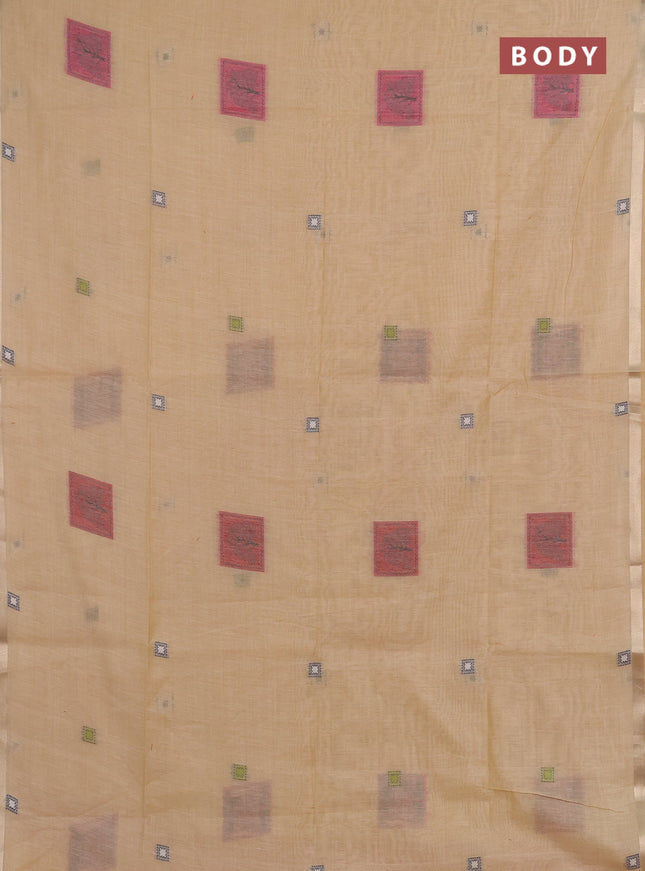 Jamdhani cotton saree beige and pink with allover thread woven geomatric buttas and jamdhani pallu