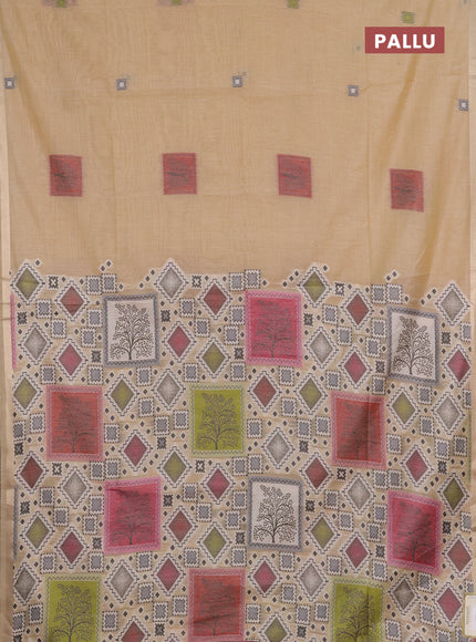 Jamdhani cotton saree beige and pink with allover thread woven geomatric buttas and jamdhani pallu