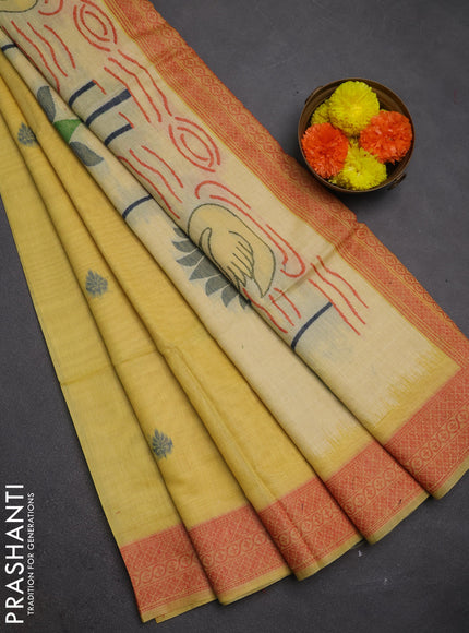 Jamdhani cotton saree pale yellow and red with thread woven buttas and jamdhani pallu