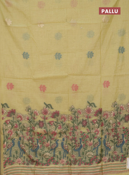 Jamdhani cotton saree pale yellow and pink with thread woven buttas and jamdhani pallu