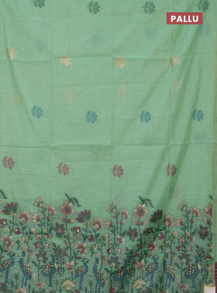 Jamdhani cotton saree pista green and purple with thread woven buttas and jamdhani pallu