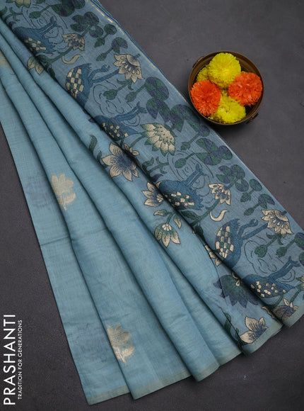 Jamdhani cotton saree teal blue and navy blue with thread woven buttas and jamdhani pallu