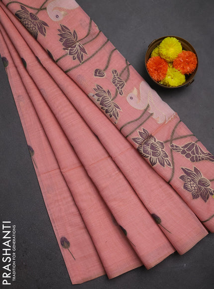 Jamdhani cotton saree peach shade and purple with allover thread & zari woven buttas and pichwai pallu