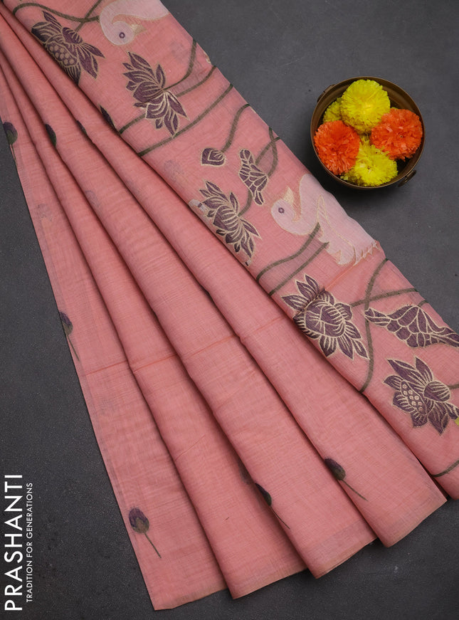 Jamdhani cotton saree peach shade and purple with allover thread & zari woven buttas and pichwai pallu