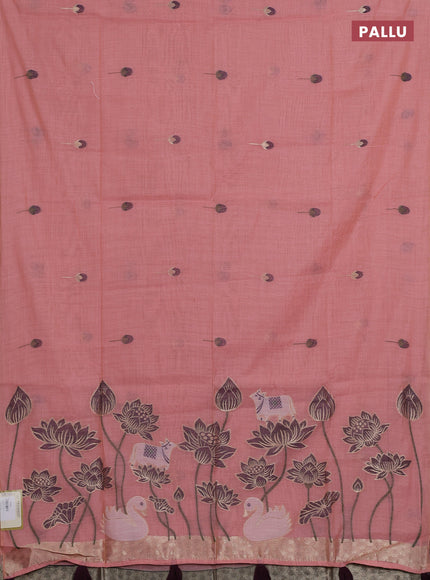 Jamdhani cotton saree peach shade and purple with allover thread & zari woven buttas and pichwai pallu