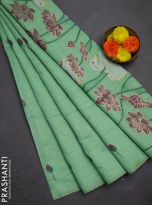 Jamdhani cotton saree pista green and purple with allover thread & zari woven buttas and pichwai pallu