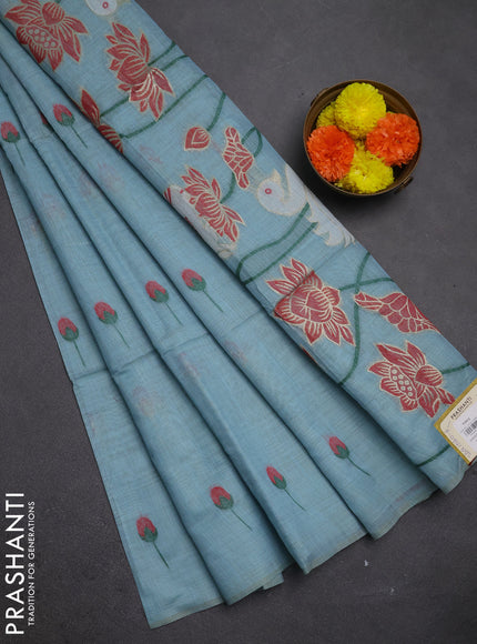 Jamdhani cotton saree teal blue and red with allover thread & zari woven buttas and pichwai pallu