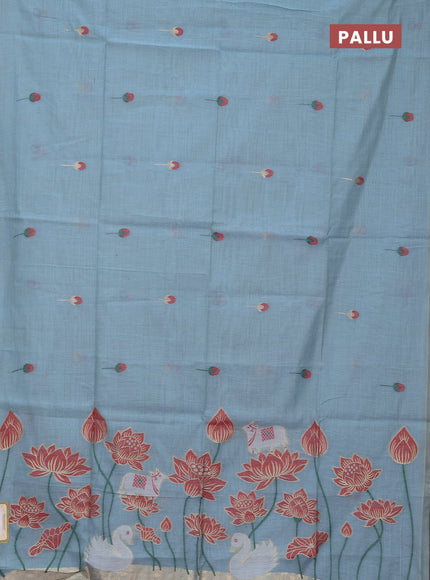 Jamdhani cotton saree teal blue and red with allover thread & zari woven buttas and pichwai pallu