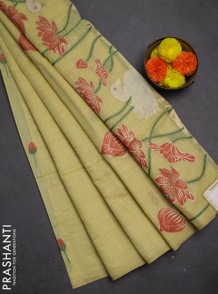 Jamdhani cotton saree lime yellow and red with allover thread & zari woven buttas and pichwai pallu