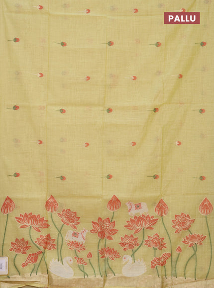 Jamdhani cotton saree lime yellow and red with allover thread & zari woven buttas and pichwai pallu