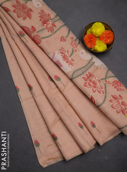 Jamdhani cotton saree peach orange and red with allover thread & zari woven buttas and pichwai pallu