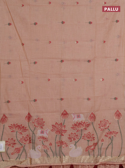 Jamdhani cotton saree peach orange and red with allover thread & zari woven buttas and pichwai pallu