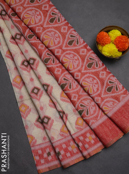 Jamdhani cotton saree beige and red with thread woven buttas and jamdhani pallu
