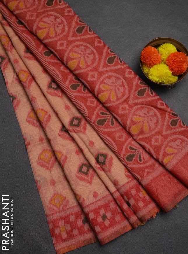 Jamdhani cotton saree peach shade and red with thread woven buttas and jamdhani pallu