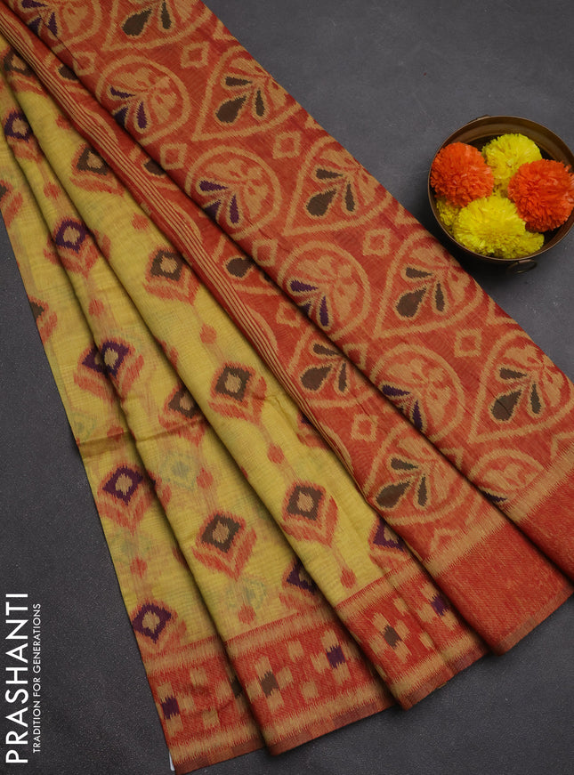 Jamdhani cotton saree pale yellow and red with thread woven buttas and jamdhani pallu
