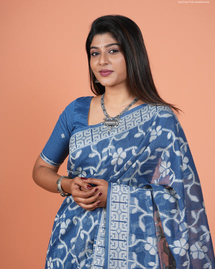 Jamdhani cotton saree indigo blue with allover thread weaves and thread woven border