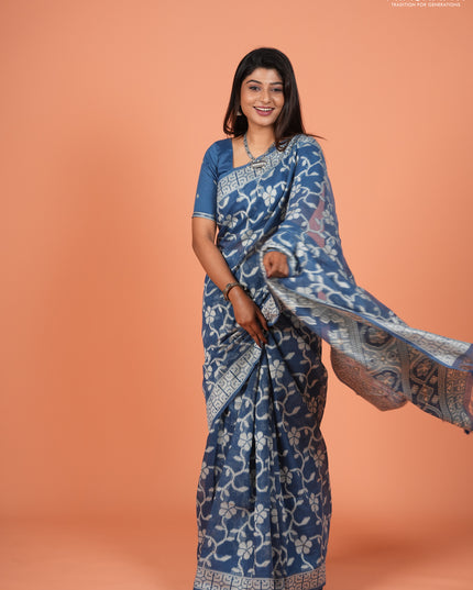 Jamdhani cotton saree indigo blue with allover thread weaves and thread woven border