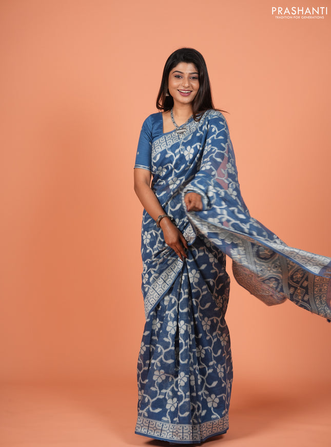 Jamdhani cotton saree indigo blue with allover thread weaves and thread woven border