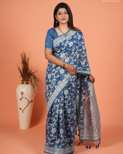 Jamdhani cotton saree indigo blue with allover thread weaves and thread woven border