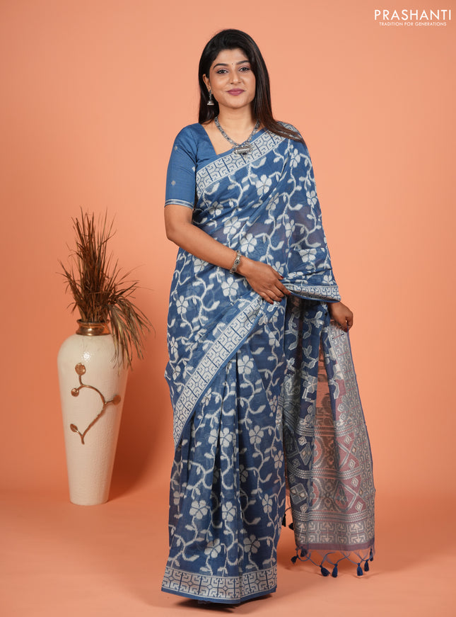 Jamdhani cotton saree indigo blue with allover thread weaves and thread woven border