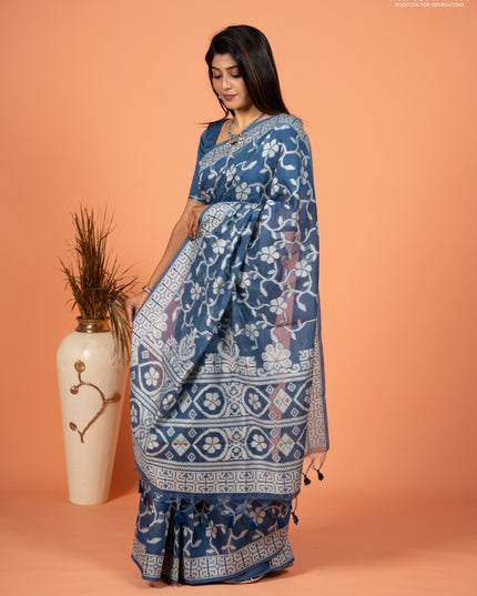 Jamdhani cotton saree indigo blue with allover thread weaves and thread woven border