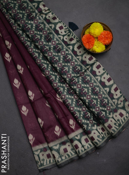 Jamdhani cotton saree wine shade and pottle green with ikat thread woven buttas and jamdhani pallu