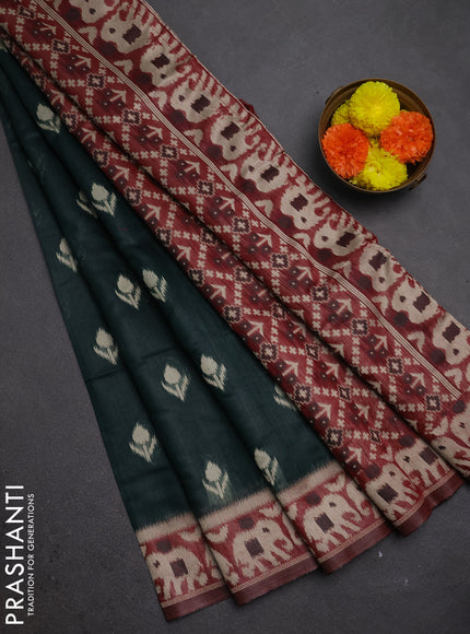 Jamdhani cotton saree bottle green and maroon with ikat thread woven buttas and jamdhani pallu
