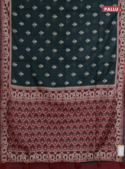 Jamdhani cotton saree bottle green and maroon with ikat thread woven buttas and jamdhani pallu