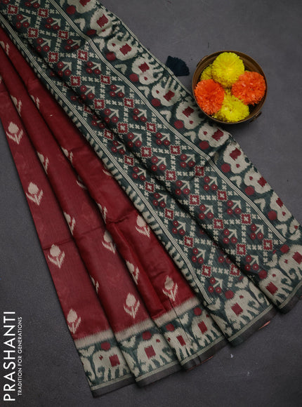 Jamdhani cotton saree maroon and bottle green with ikat thread woven buttas and jamdhani pallu