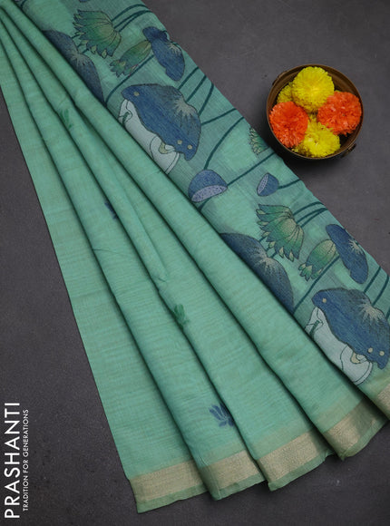 Jamdhani cotton saree teal green and navy blue with thread woven buttas and pichwai pallu