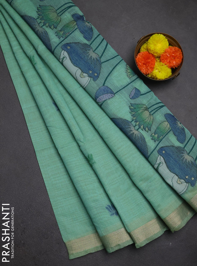 Jamdhani cotton saree teal green and navy blue with thread woven buttas and pichwai pallu