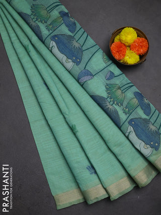 Jamdhani cotton saree teal green and navy blue with thread woven buttas and pichwai pallu