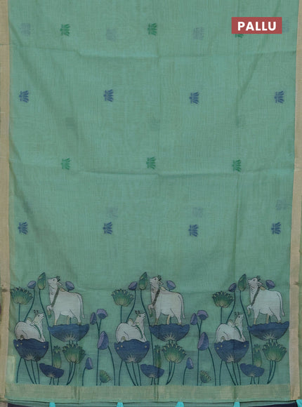Jamdhani cotton saree teal green and navy blue with thread woven buttas and pichwai pallu