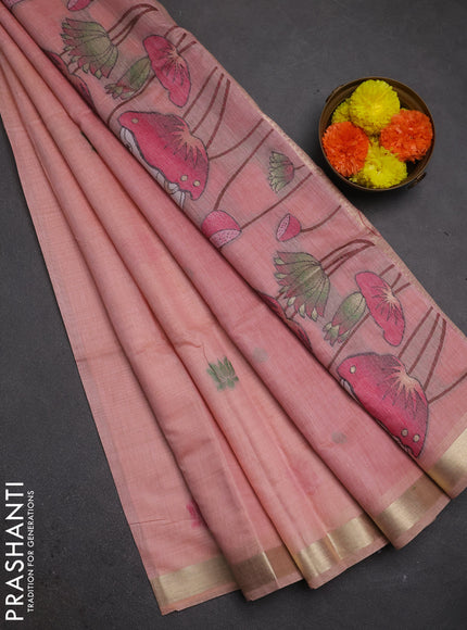 Jamdhani cotton saree peach shade and pink with thread woven buttas and pichwai pallu
