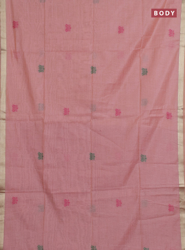 Jamdhani cotton saree peach shade and pink with thread woven buttas and pichwai pallu
