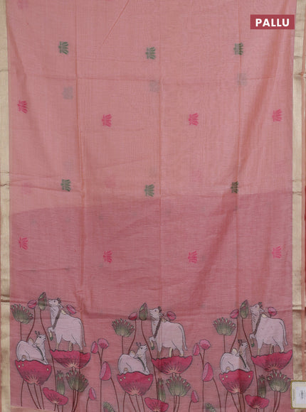 Jamdhani cotton saree peach shade and pink with thread woven buttas and pichwai pallu