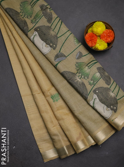 Jamdhani cotton saree beige and black with thread woven buttas and pichwai pallu