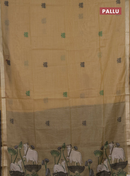 Jamdhani cotton saree beige and black with thread woven buttas and pichwai pallu