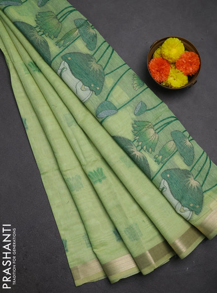 Jamdhani cotton saree pista green and green with thread woven buttas and pichwai pallu