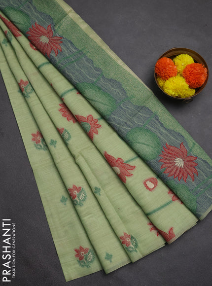 Jamdhani cotton saree pista green and red with thread woven buttas and jamdhani pallu