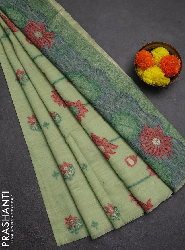Jamdhani cotton saree pista green and red with thread woven buttas and jamdhani pallu
