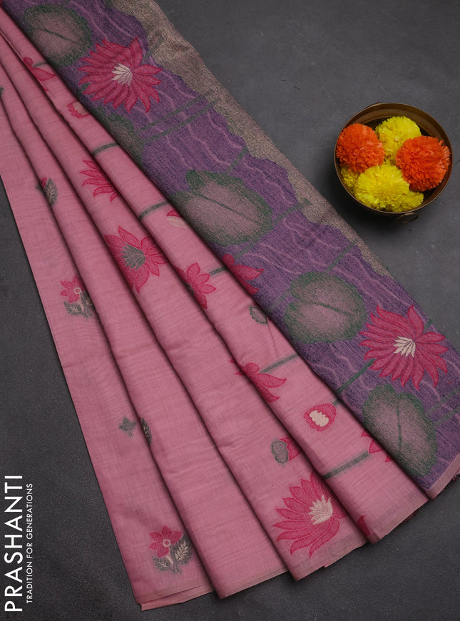 Jamdhani cotton saree peach pink and pink with thread woven buttas and jamdhani pallu