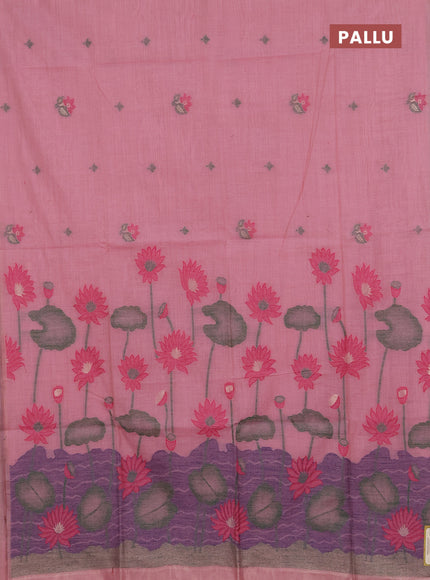 Jamdhani cotton saree peach pink and pink with thread woven buttas and jamdhani pallu