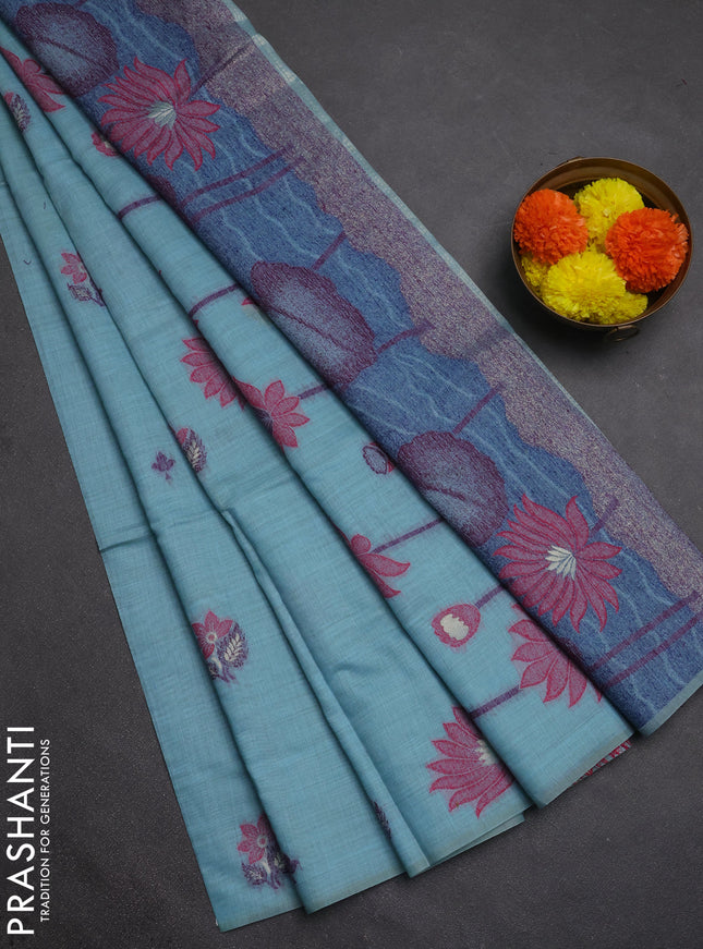 Jamdhani cotton saree pastel blue and pink with thread woven buttas and jamdhani pallu