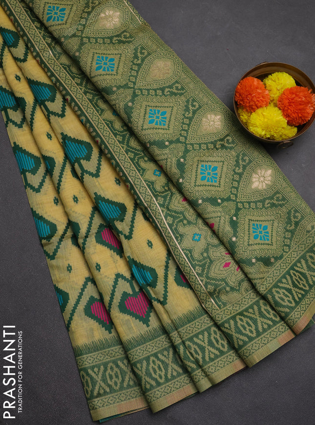 Jamdhani cotton saree pale yellow and green with allover thread weaves and jamdhani pallu